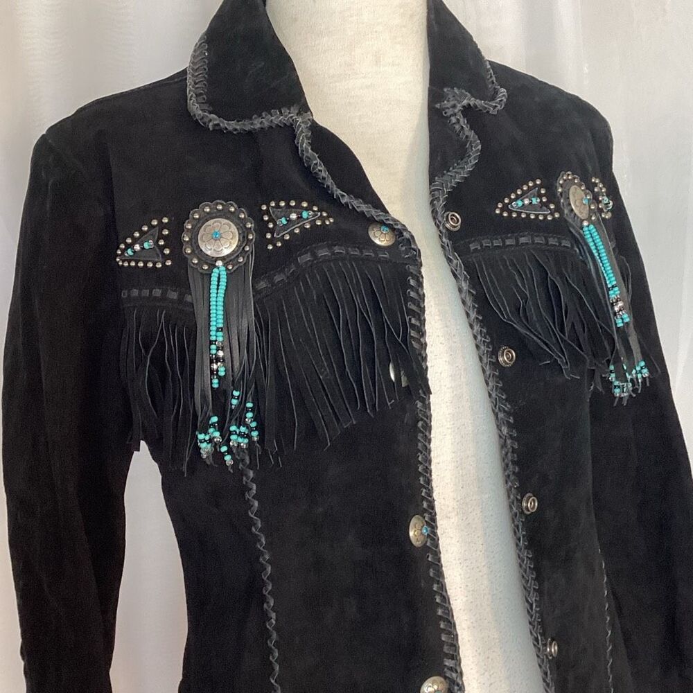 Scully Black Suede Leather Western Jacket Beaded Fringe Women’s Medium - Picture 6 of 14